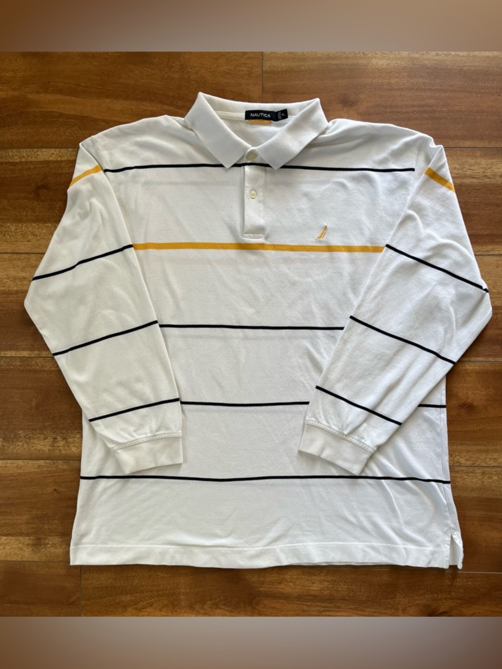 Y2K Nautica White Long-Sleeve Polo with Yellow and Black Stripes